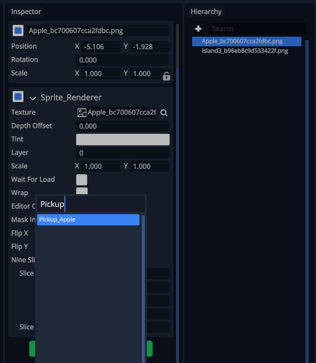 Adding the Pickup Apple component in the Inspector