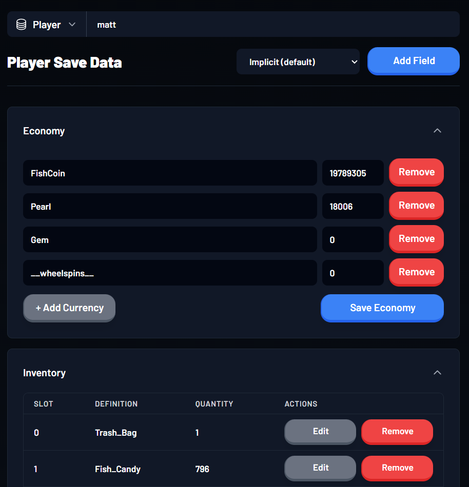 Player save data with Economy and Inventory sections