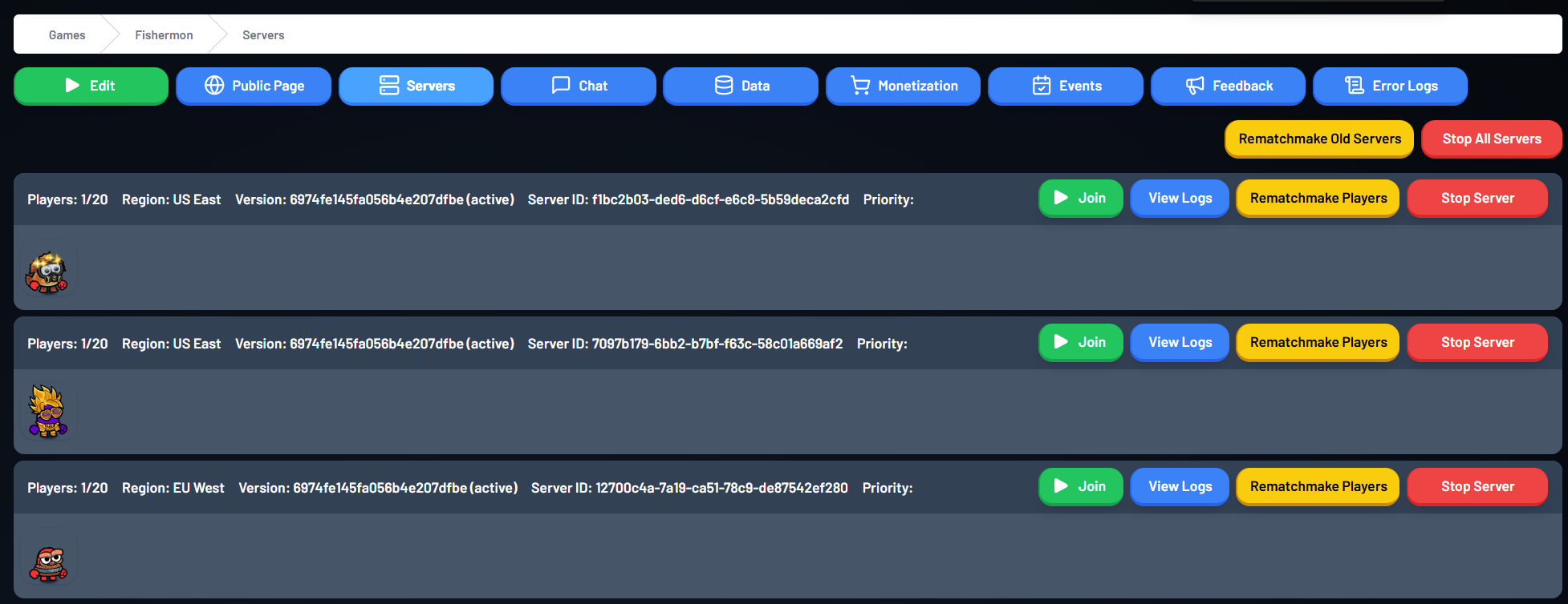 Running game servers listed in the Creator Portal