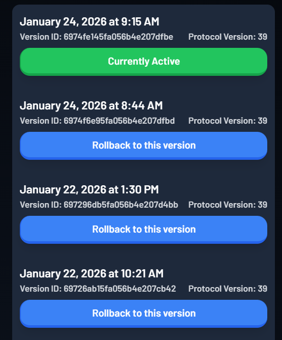 Active game version and rollback controls