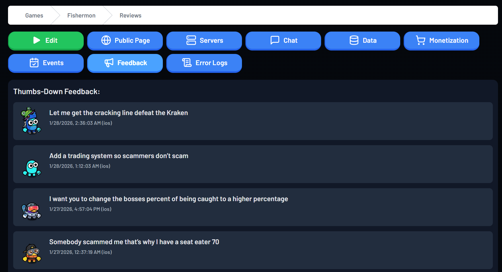 Feedback section in the Creator Portal