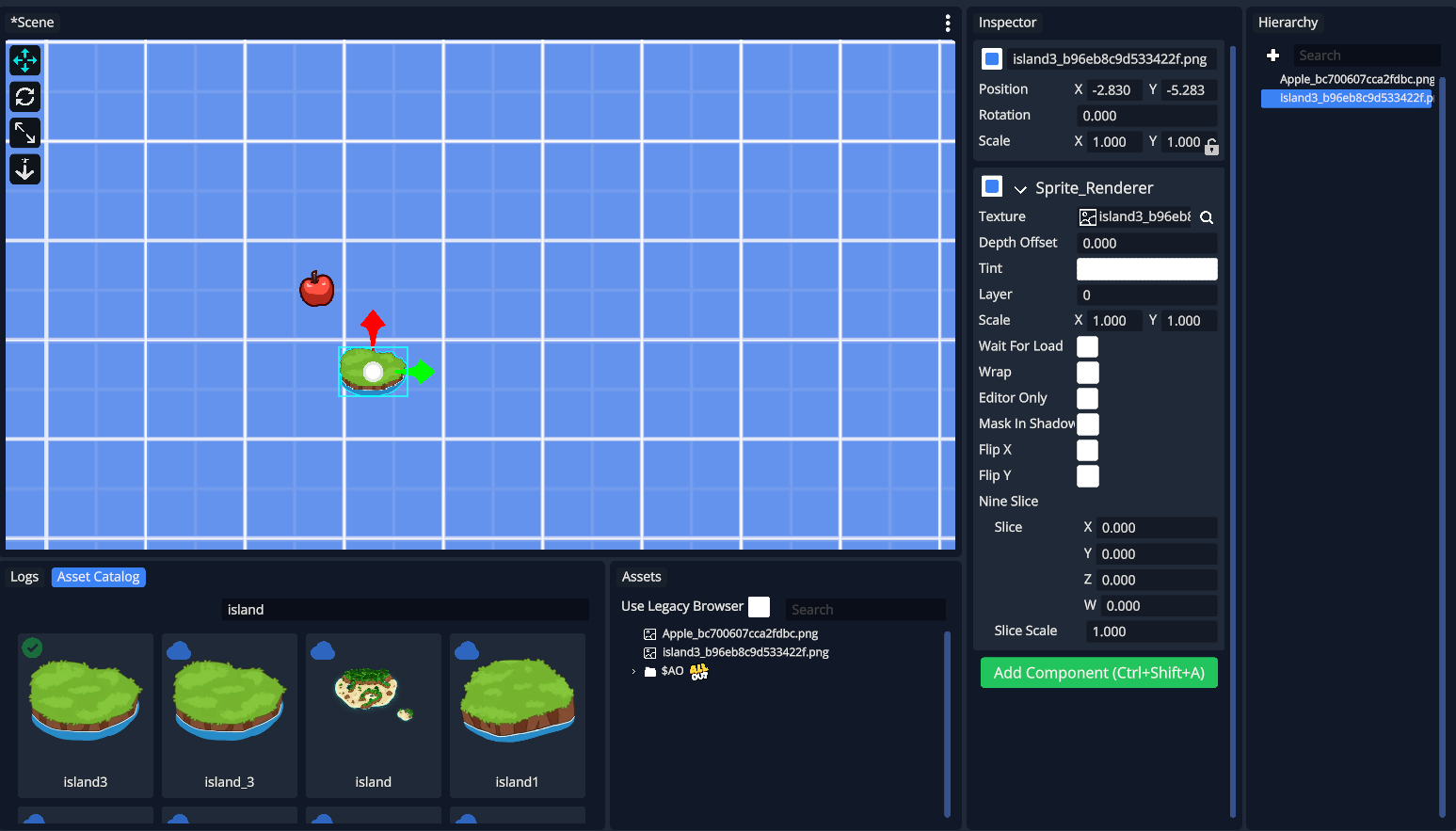 Apple and island assets placed in the scene