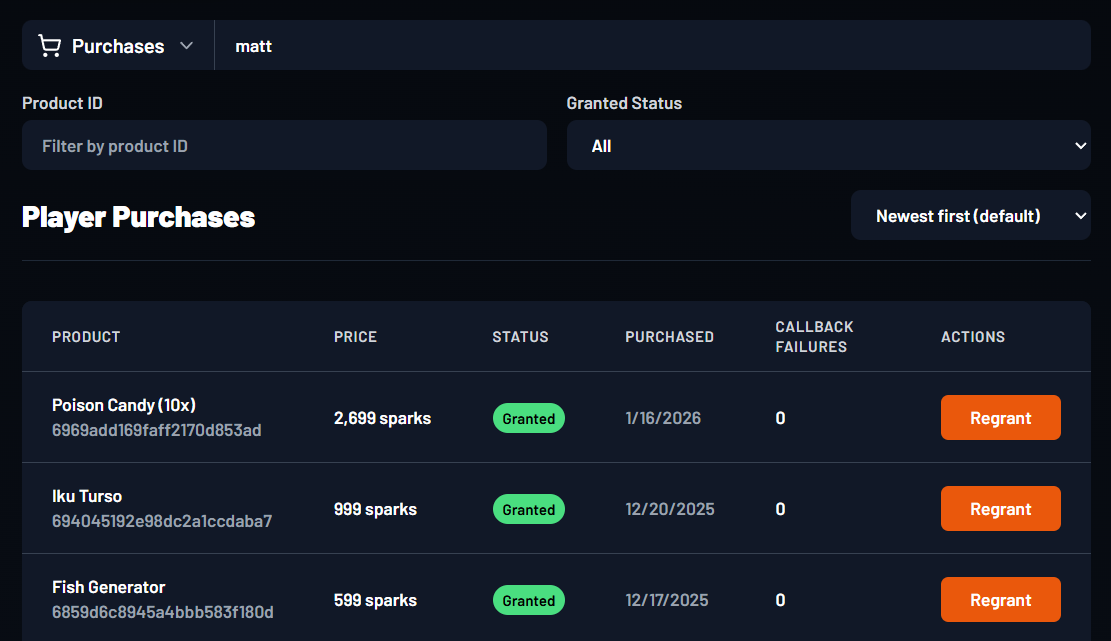 Player purchase records and Regrant actions